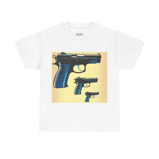 Limited E'dish Graphic Tee with Retro Guns Design, Unique Casual Shirt, Streetwear, Gift for Gun Enthusiasts, Unisex Heavy Cotton Tee